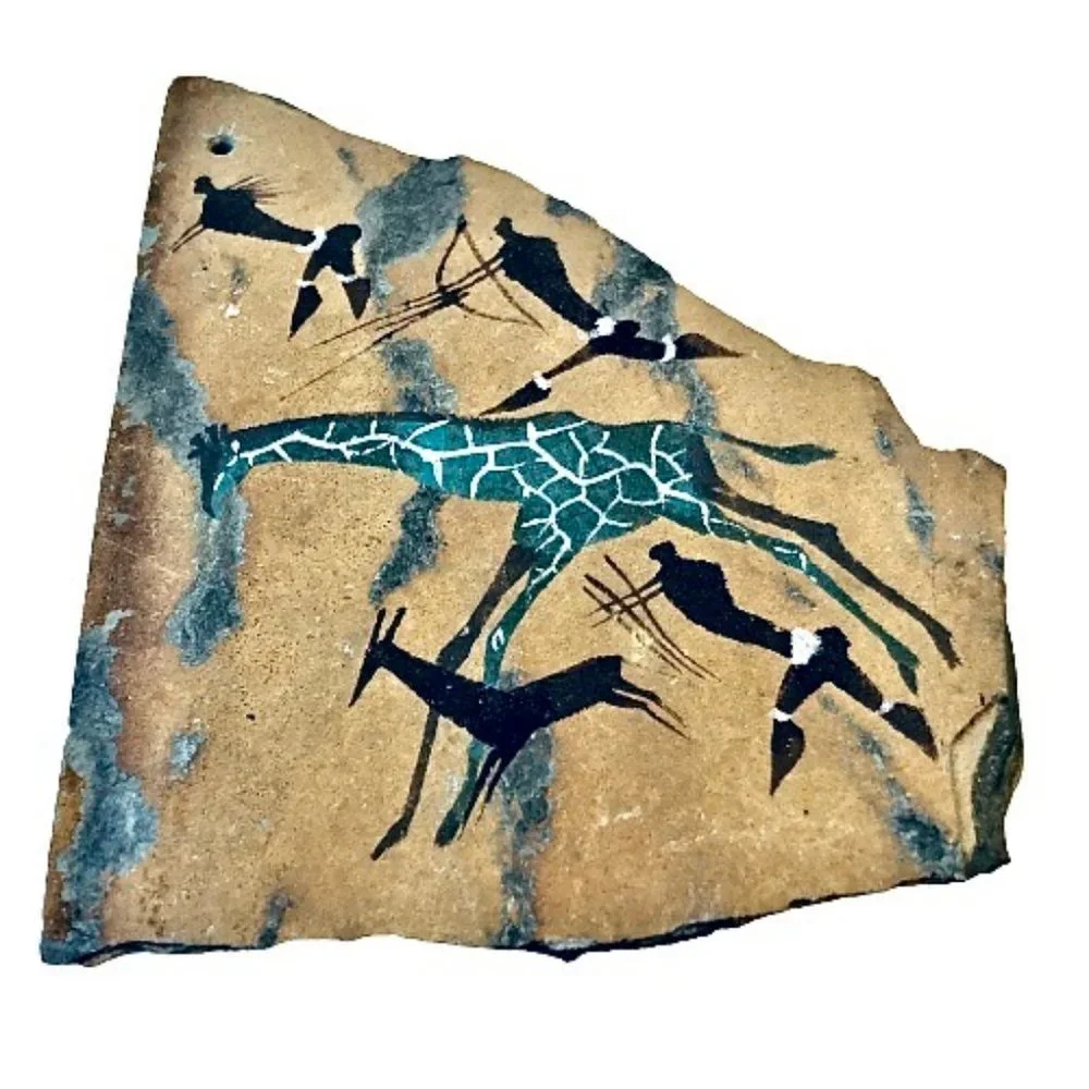 Slate Stone Hand Painted Primitive Hunting Giraffe Art Wall Hanging Decor
